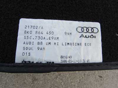 Audi OEM A4 B8 Rear Floor Mats (Pair) 8K0864450 2009 2010 2011 20126